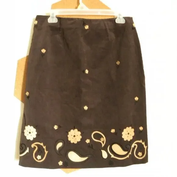 Grace Elements Brown Corduroy Pencil Skirt Beige Floral Accents Women size 10 - Picture 4 of 6